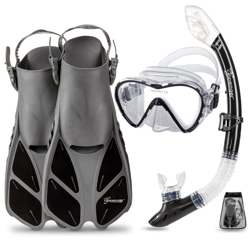 Seavenger Diving Dry Top Snorkel Set with Trek Fin, Single Lens Mask and Gear Bag, L/XL - Size 9 to 13, Gray/Black - Image 1